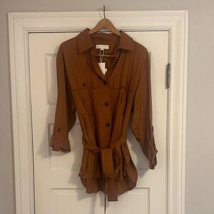 Zara linen Rust Brown Button-Front belted Jacket Shirt